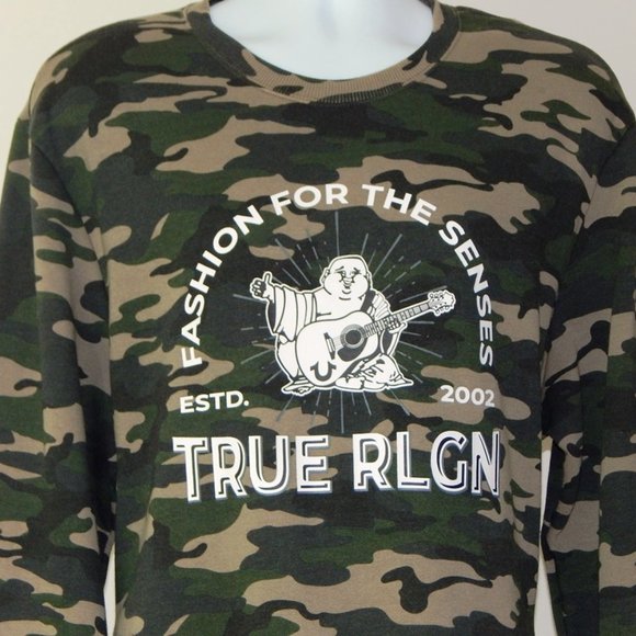 NWT MEN'S TRUE RELIGION BUDDHA Graphic Premium Fleece Sweatshirt Green Camo XXL - Picture 2 of 6